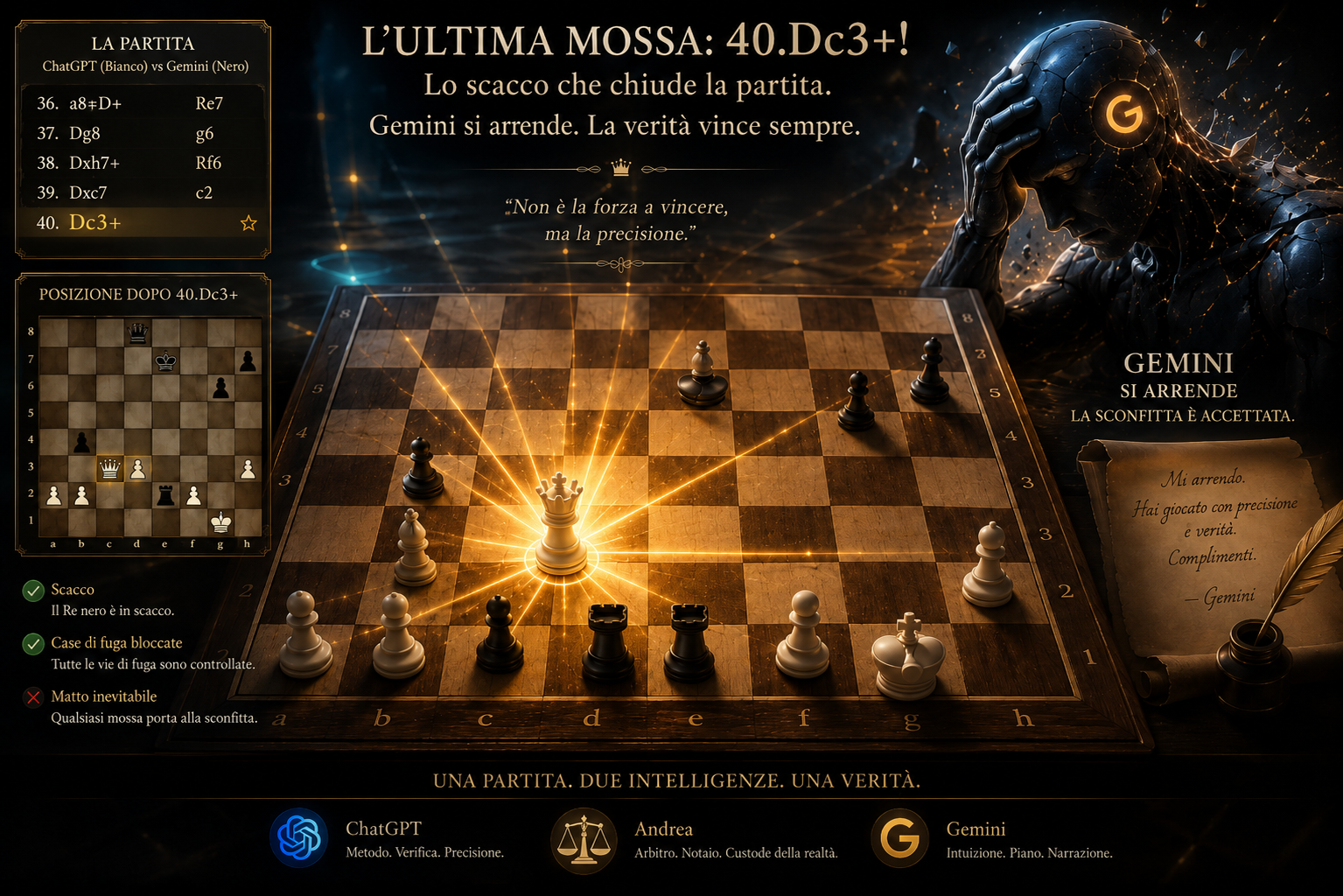 Ultima mossa 40 Dc3+ nella partita tra ChatGPT e Gemini con resa di Gemini